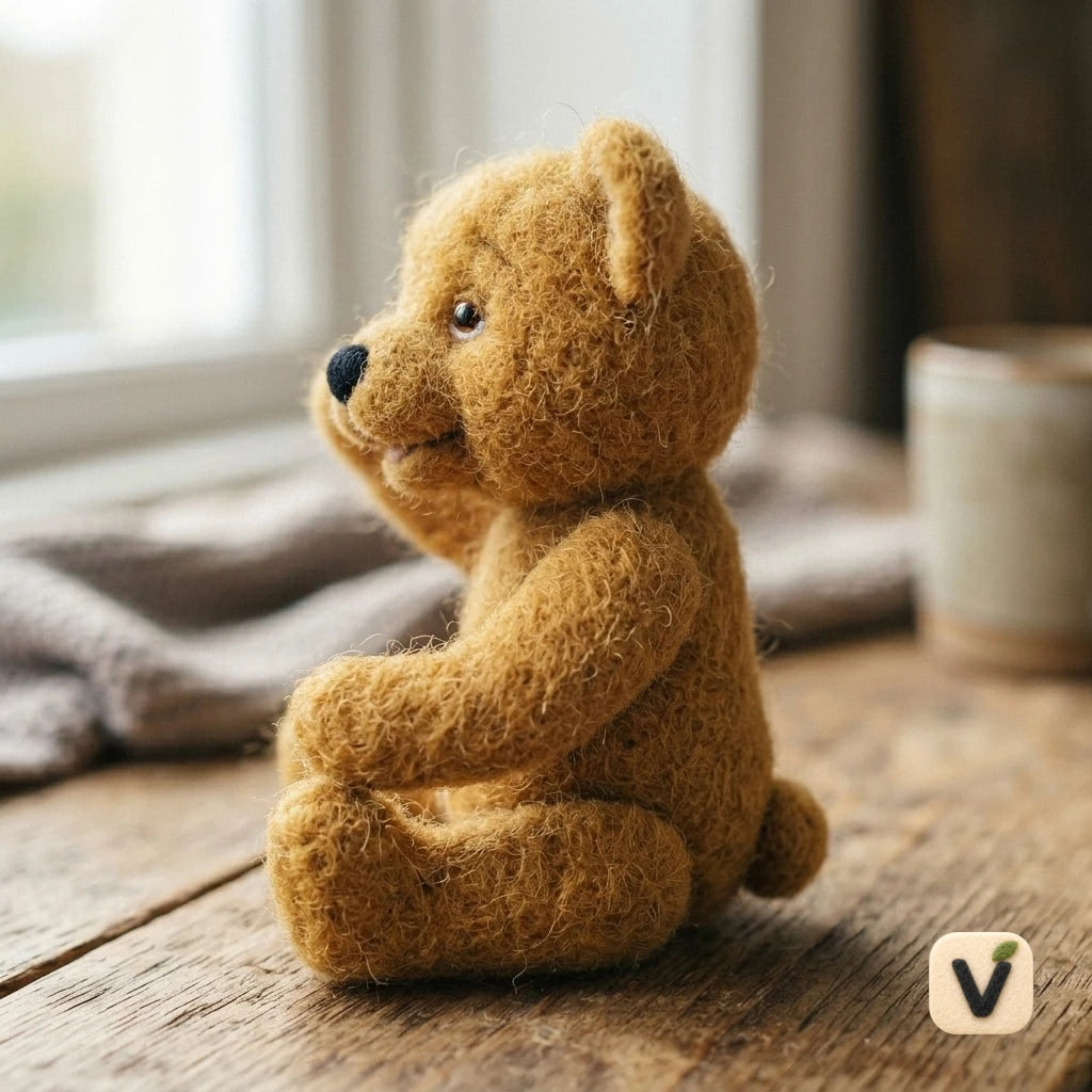 Handmade Wool Felt Sitting Waving Brown Teddy Bear – Warm Healing Desktop Ornament
