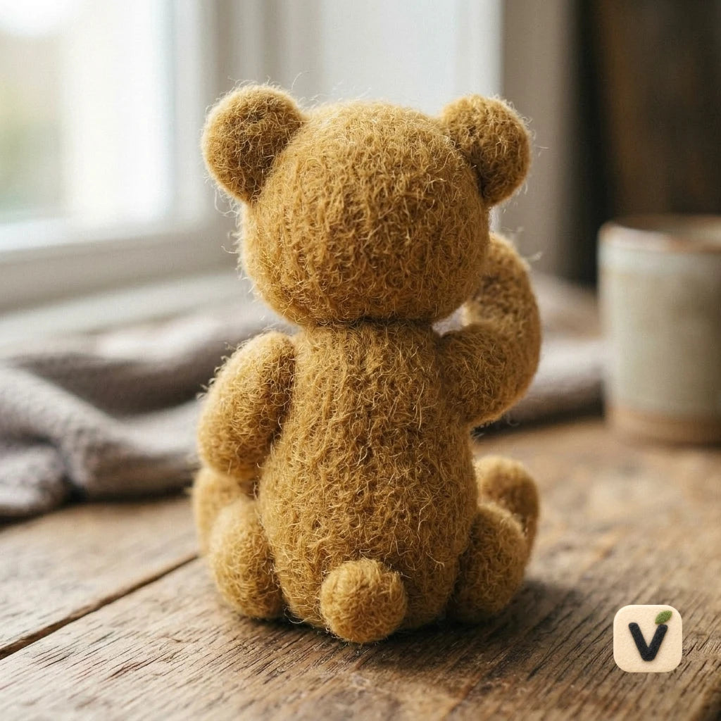 Handmade Wool Felt Sitting Waving Brown Teddy Bear – Warm Healing Desktop Ornament
