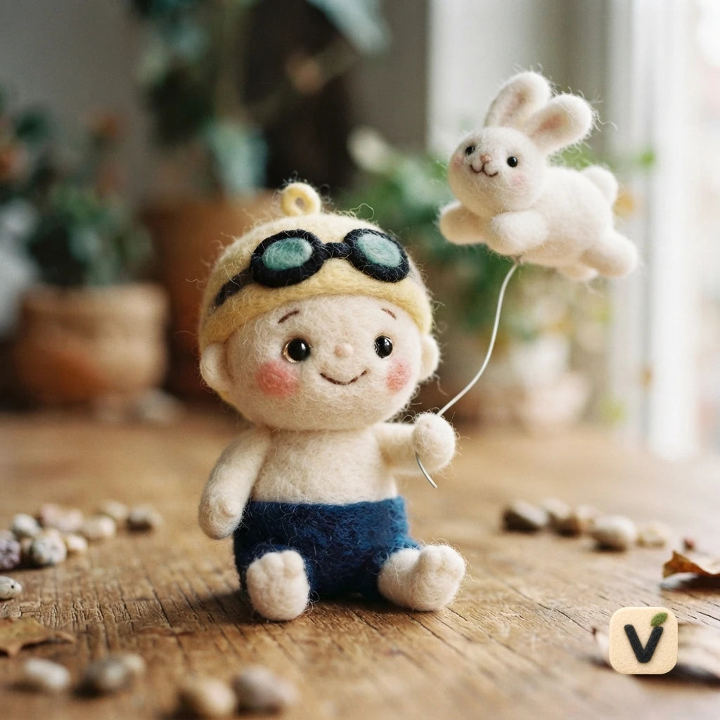 Handmade Wool Felt Swimming Boy Doll Holding Bunny Balloon – Cute Summer Desktop Ornament