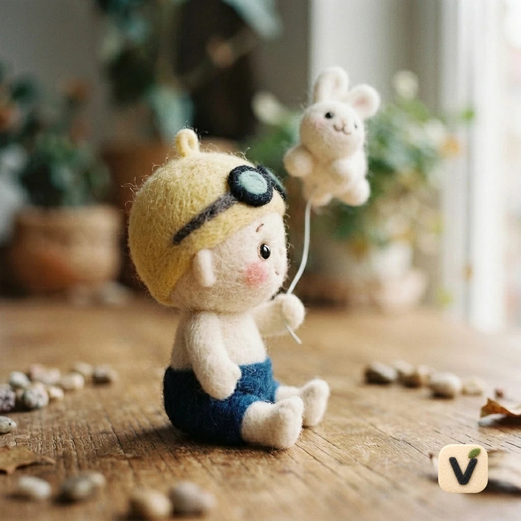 Handmade Wool Felt Swimming Boy Doll Holding Bunny Balloon – Cute Summer Desktop Ornament