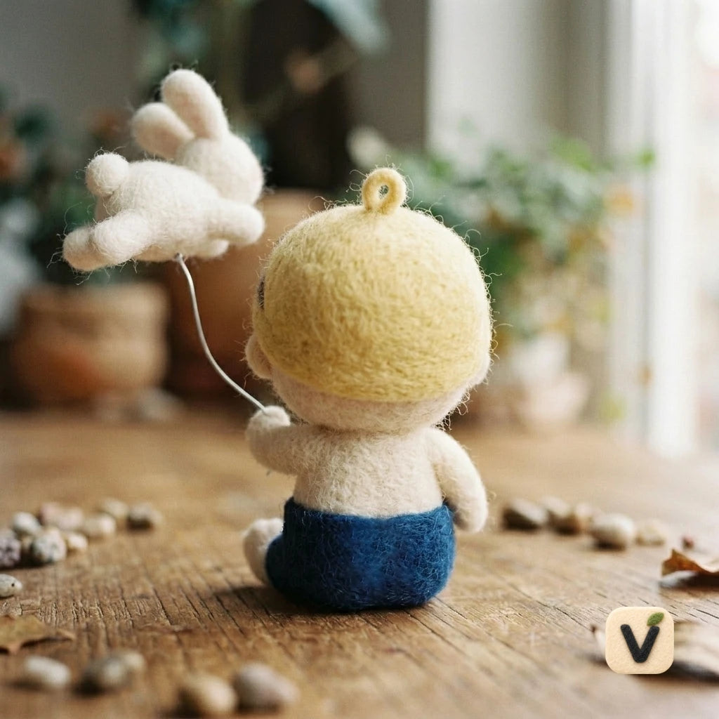 Handmade Wool Felt Swimming Boy Doll Holding Bunny Balloon – Cute Summer Desktop Ornament