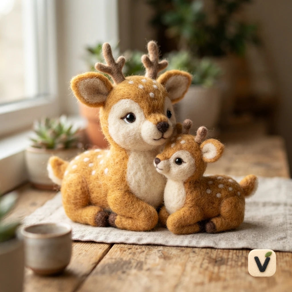 Handmade Wool Felt Parent and Baby Spotted Sika Deer – Warm Forest Parent-child Desktop Ornament