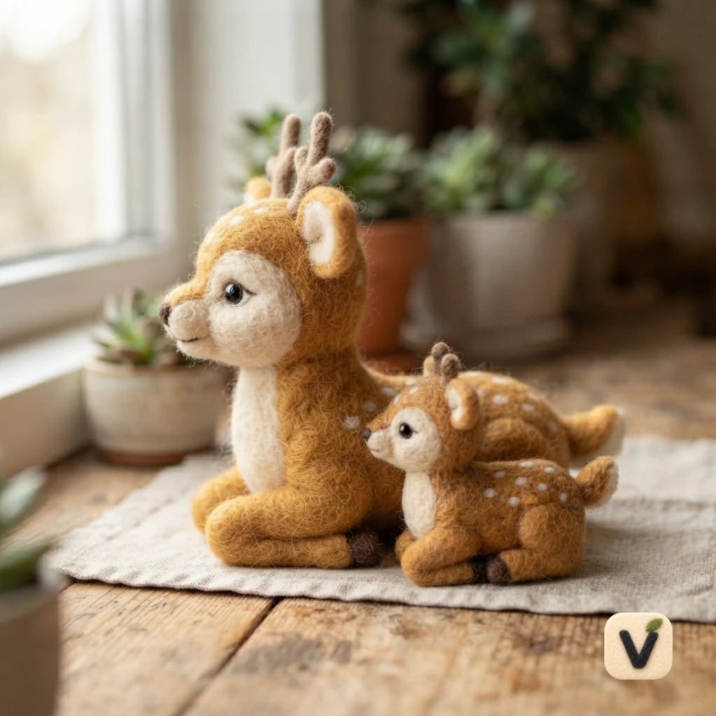 Handmade Wool Felt Parent and Baby Spotted Sika Deer – Warm Forest Parent-child Desktop Ornament