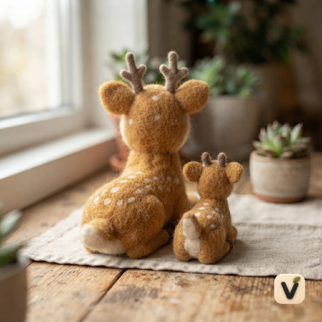 Handmade Wool Felt Parent and Baby Spotted Sika Deer – Warm Forest Parent-child Desktop Ornament