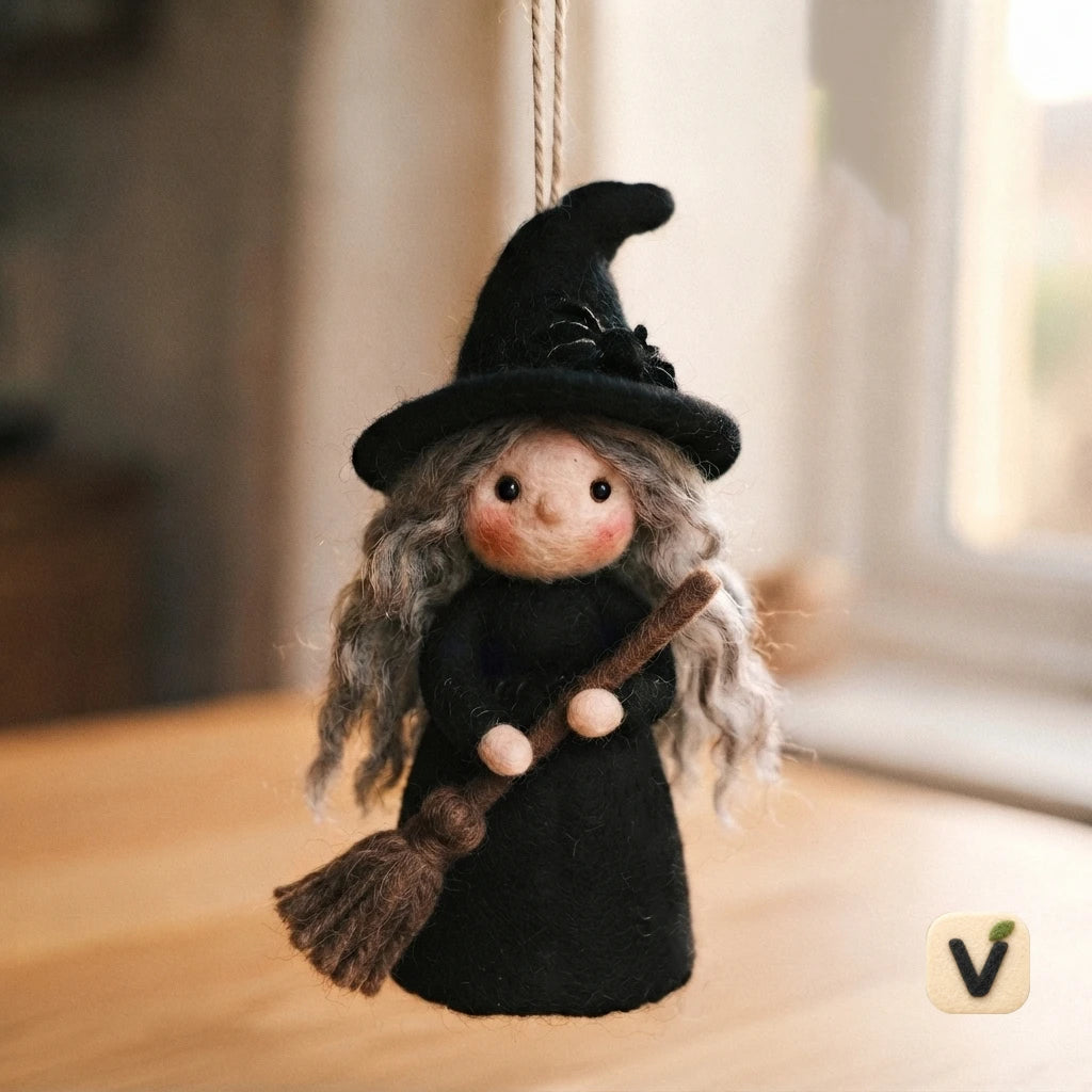 Handmade Wool Felt Long-haired Witch Hanging Ornament with Broom & Spider – Halloween Home Pendant Decor