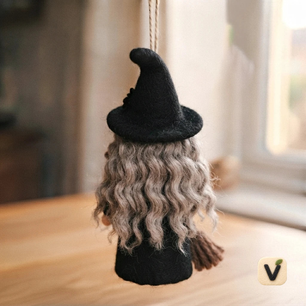 Handmade Wool Felt Long-haired Witch Hanging Ornament with Broom & Spider – Halloween Home Pendant Decor