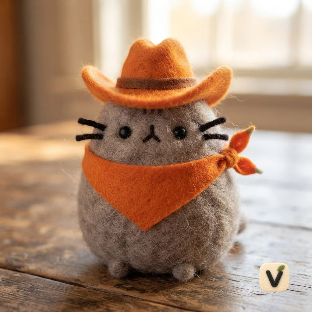 Handmade Wool Felt Chubby Grey Cowboy Cat with Orange Hat and Bandana – Western Country Desktop Ornament