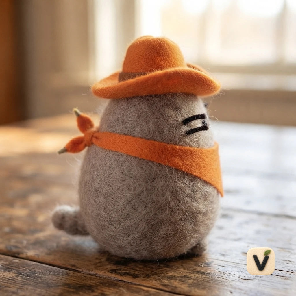 Handmade Wool Felt Chubby Grey Cowboy Cat with Orange Hat and Bandana – Western Country Desktop Ornament