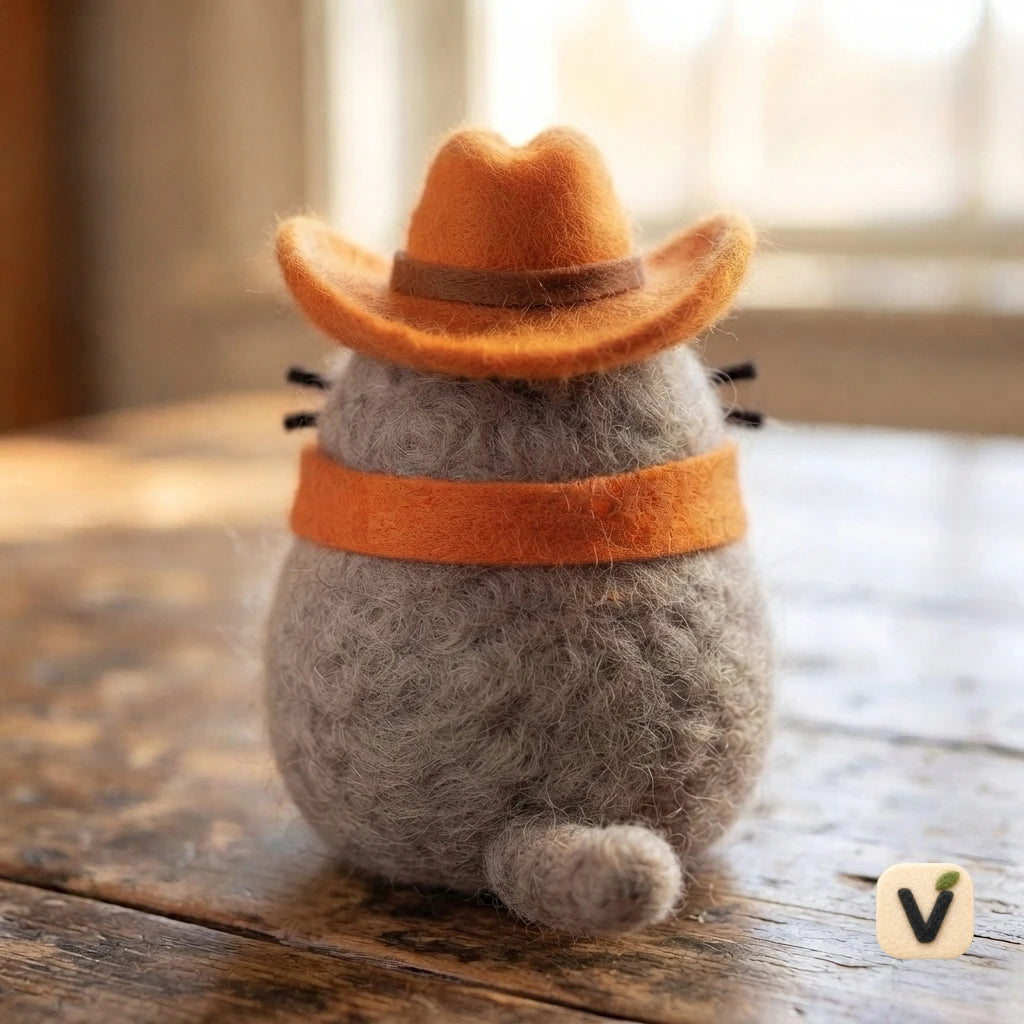Handmade Wool Felt Chubby Grey Cowboy Cat with Orange Hat and Bandana – Western Country Desktop Ornament