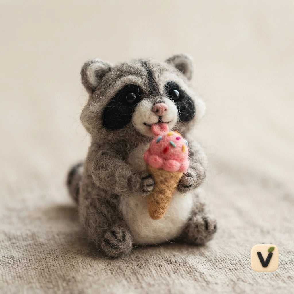 Handmade Wool Felt Sitting Raccoon Holding Pink Ice Cream Cone – Cute Summer Desktop Ornament
