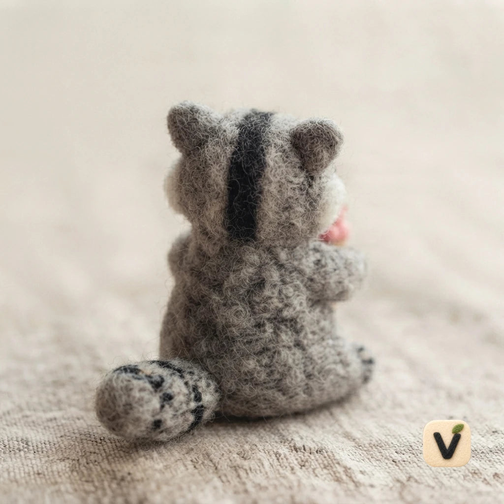 Handmade Wool Felt Sitting Raccoon Holding Pink Ice Cream Cone – Cute Summer Desktop Ornament