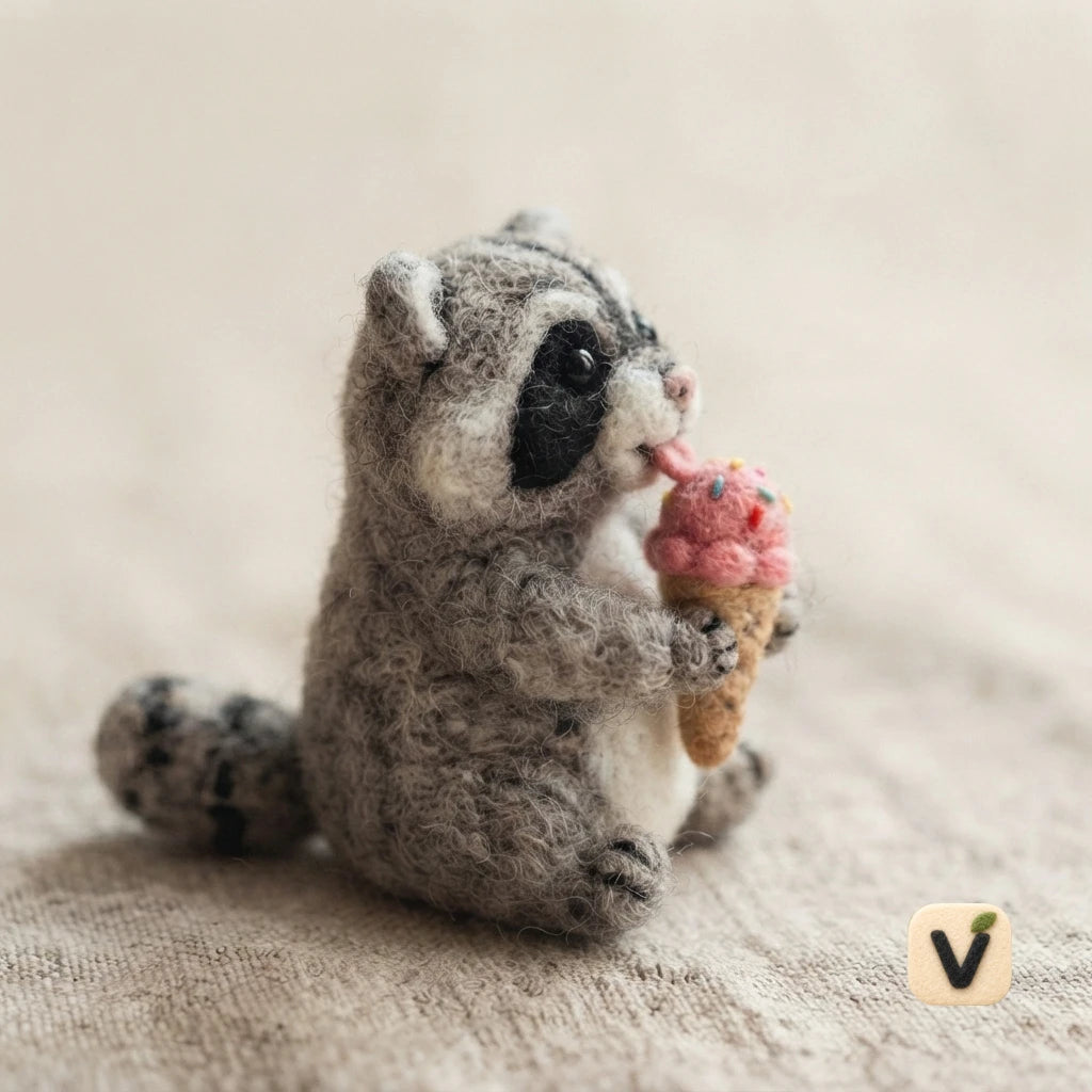 Handmade Wool Felt Sitting Raccoon Holding Pink Ice Cream Cone – Cute Summer Desktop Ornament