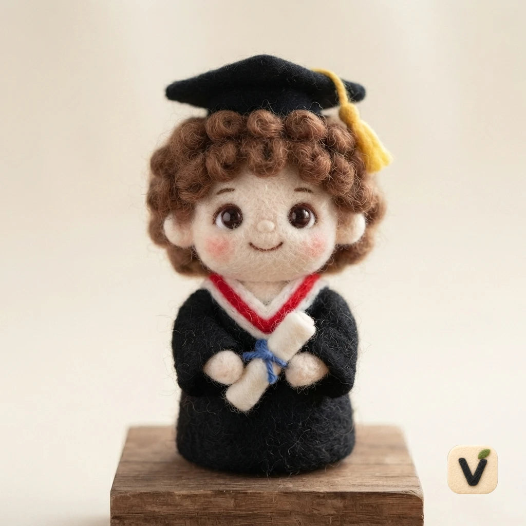 Handmade Wool Felt Graduation Curly Hair Doll with Cap and Diploma – Commemorative Graduation Desktop Ornament