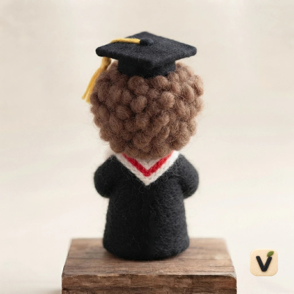Handmade Wool Felt Graduation Curly Hair Doll with Cap and Diploma – Commemorative Graduation Desktop Ornament