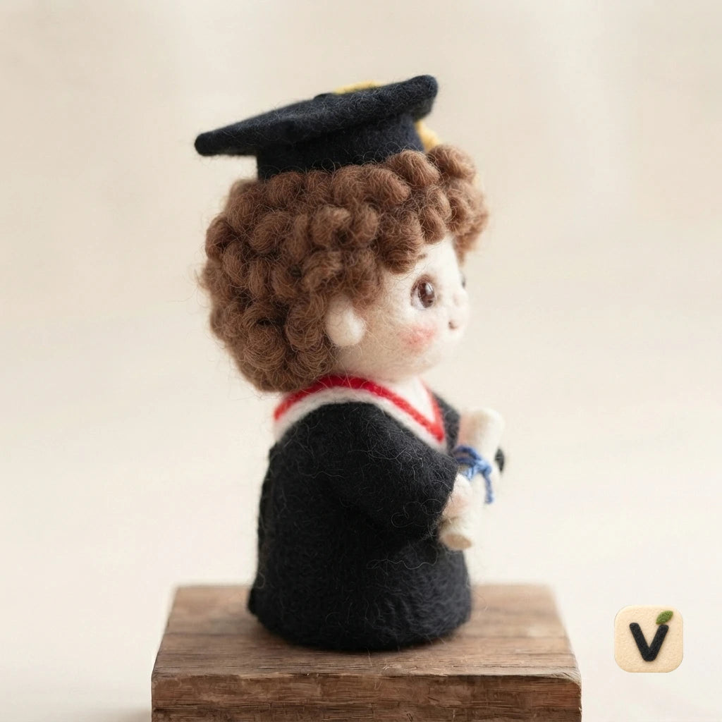 Handmade Wool Felt Graduation Curly Hair Doll with Cap and Diploma – Commemorative Graduation Desktop Ornament