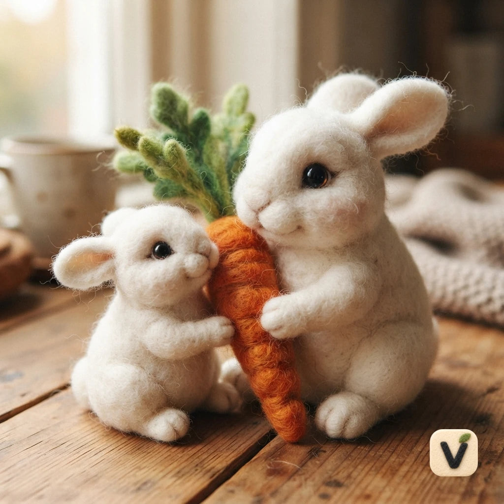Handmade Wool Felt Two White Bunnies Sharing Carrot – Cute Farm Parent-child Desktop Ornament