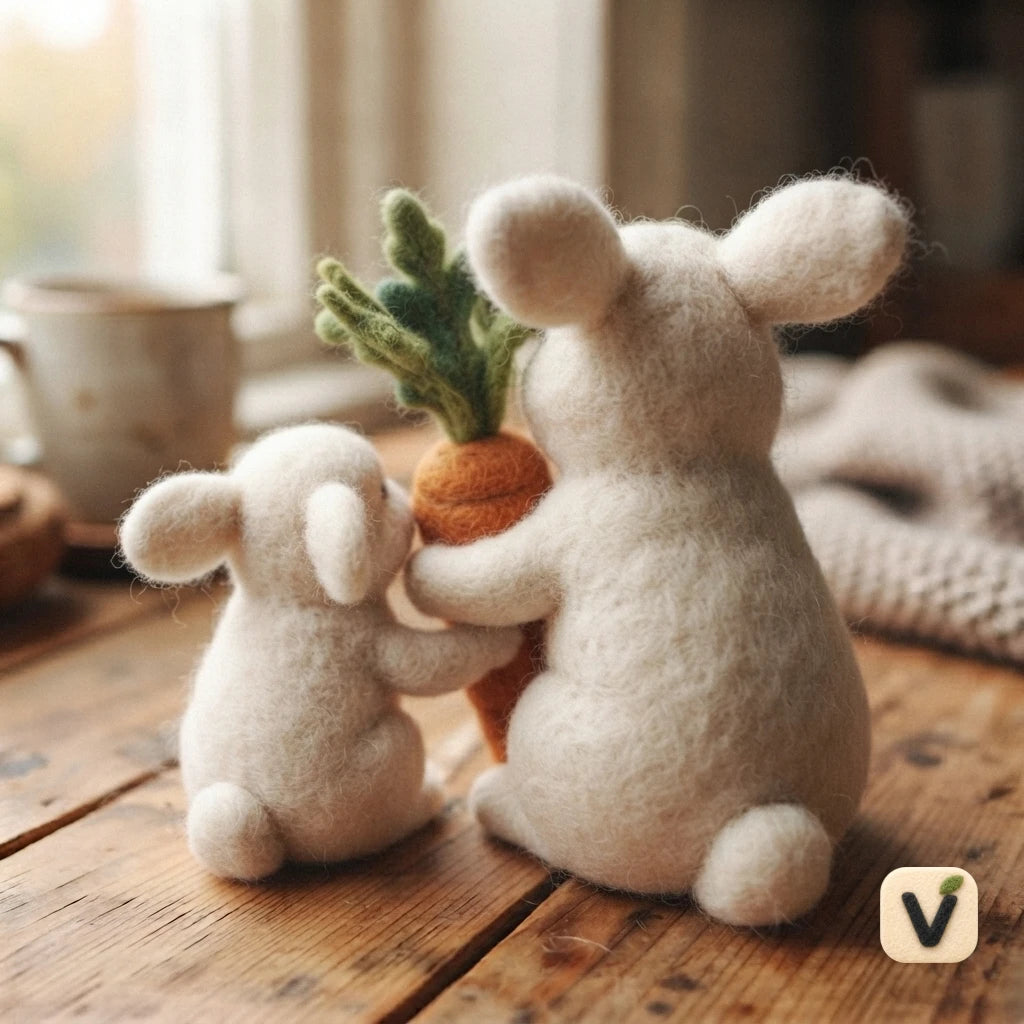 Handmade Wool Felt Two White Bunnies Sharing Carrot – Cute Farm Parent-child Desktop Ornament