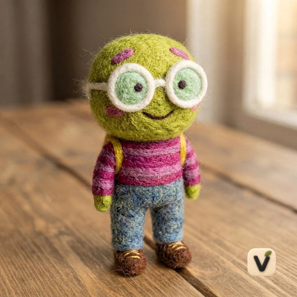 Handmade Wool Felt Cute Green Alien Doll with Round Glasses, Striped Top and Backpack – Fun Cartoon Desktop Ornament