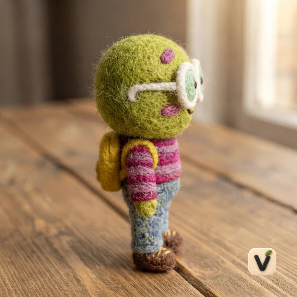 Handmade Wool Felt Cute Green Alien Doll with Round Glasses, Striped Top and Backpack – Fun Cartoon Desktop Ornament