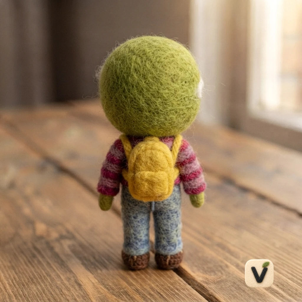 Handmade Wool Felt Cute Green Alien Doll with Round Glasses, Striped Top and Backpack – Fun Cartoon Desktop Ornament