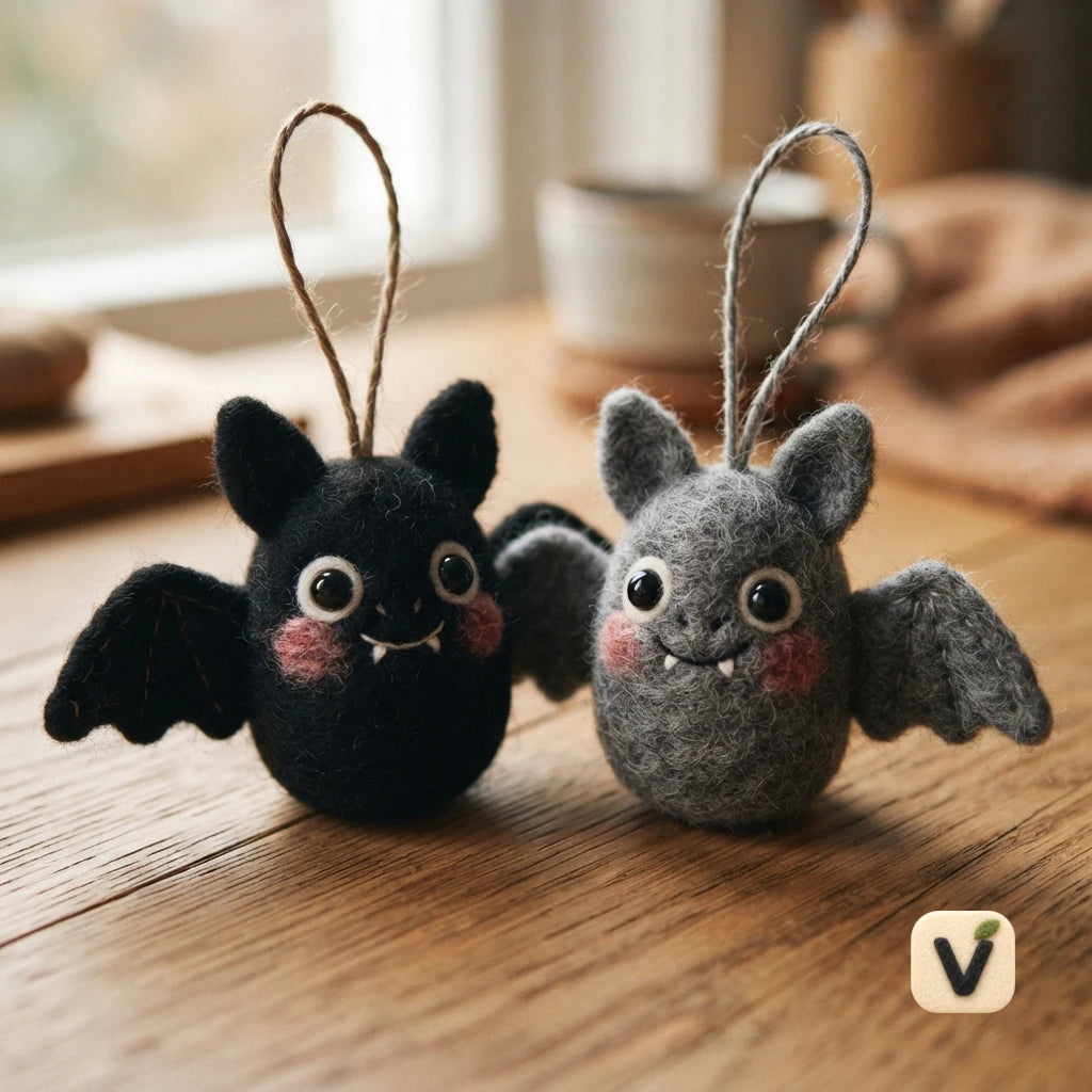 Handmade Wool Felt Two Cute Bat Ornaments – Sweet Halloween DIY Decor Set