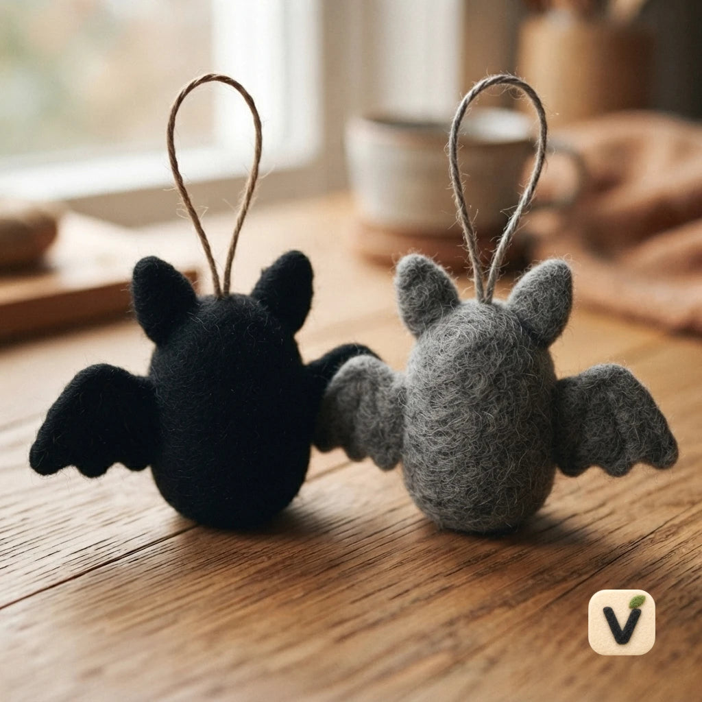 Handmade Wool Felt Two Cute Bat Ornaments – Sweet Halloween DIY Decor Set