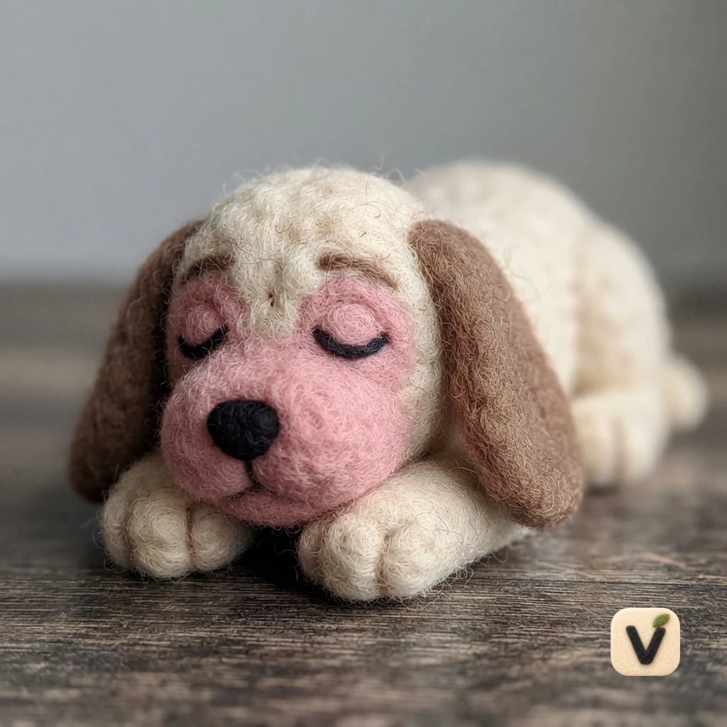 Handmade Wool Felt Sleeping Floppy Ear Puppy – Cozy Resting Dog Desktop Ornament