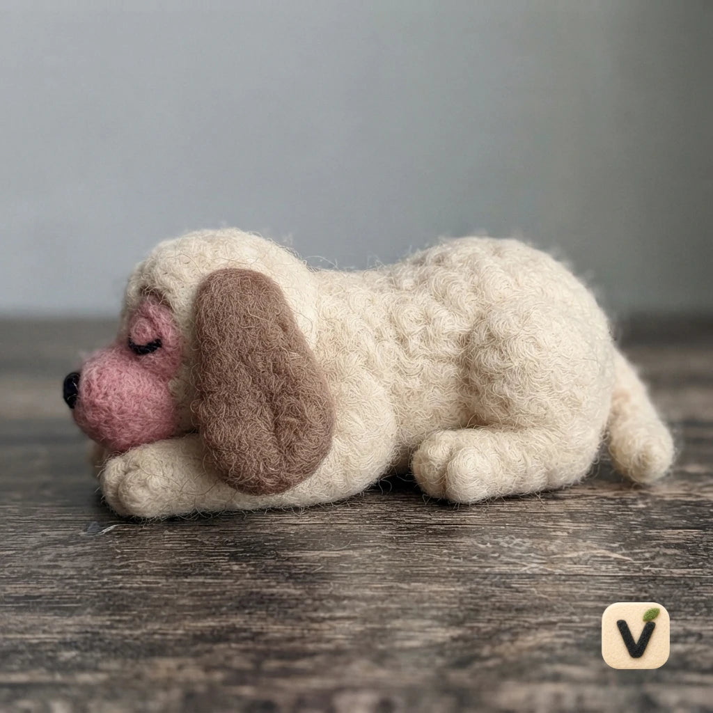 Handmade Wool Felt Sleeping Floppy Ear Puppy – Cozy Resting Dog Desktop Ornament