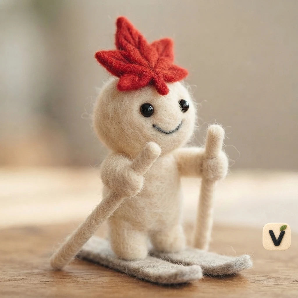 Handmade Wool Felt Skiing Doll with Red Maple Leaf – Winter Sports Desktop Decor Ornament