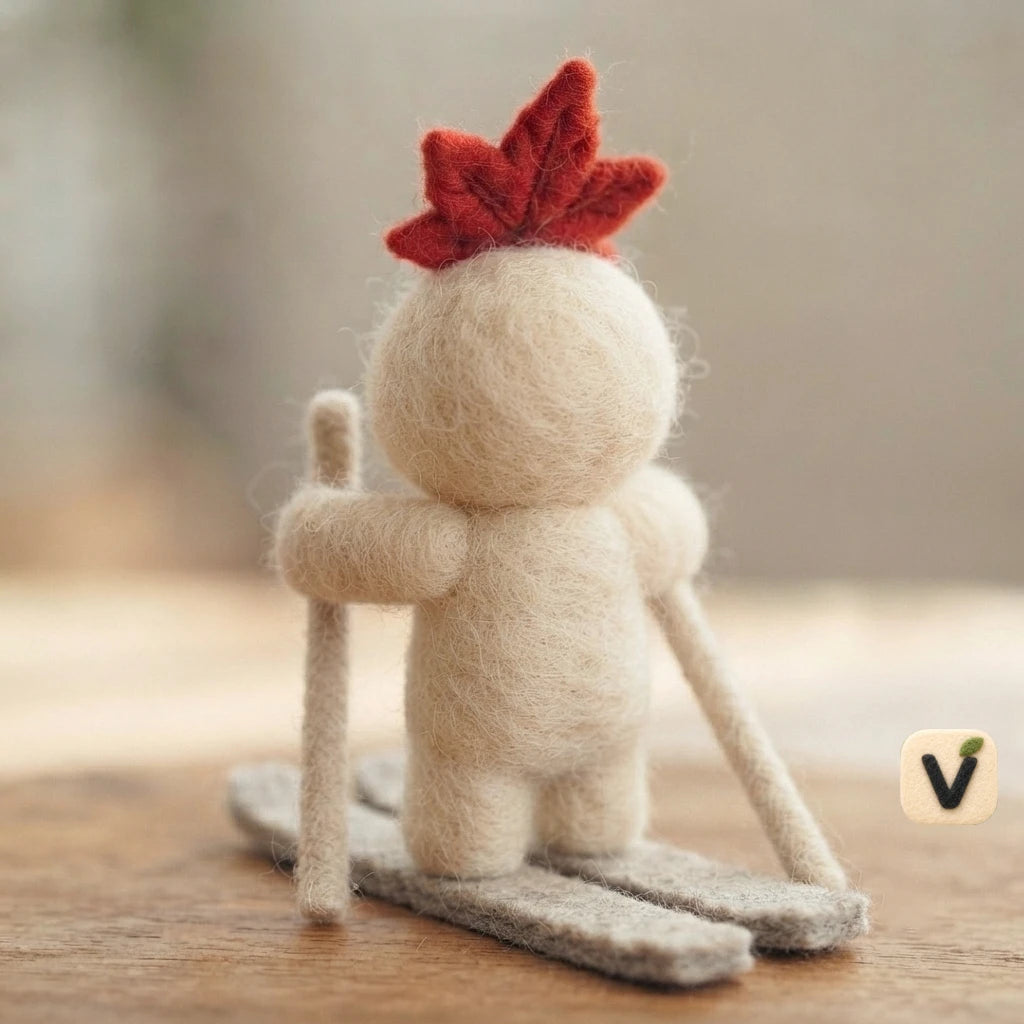 Handmade Wool Felt Skiing Doll with Red Maple Leaf – Winter Sports Desktop Decor Ornament