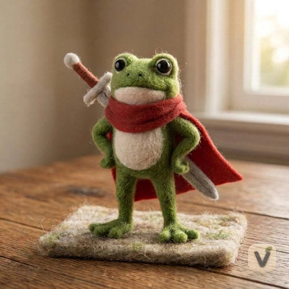 Handmade Wool Felt Hero Frog with Red Cape and Sword – Adventure Cartoon Desktop Ornament