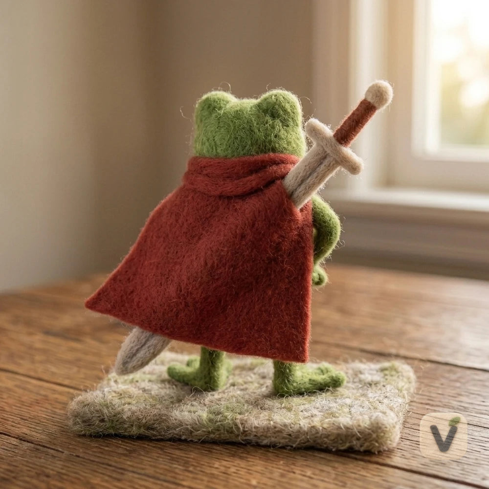 Handmade Wool Felt Hero Frog with Red Cape and Sword – Adventure Cartoon Desktop Ornament