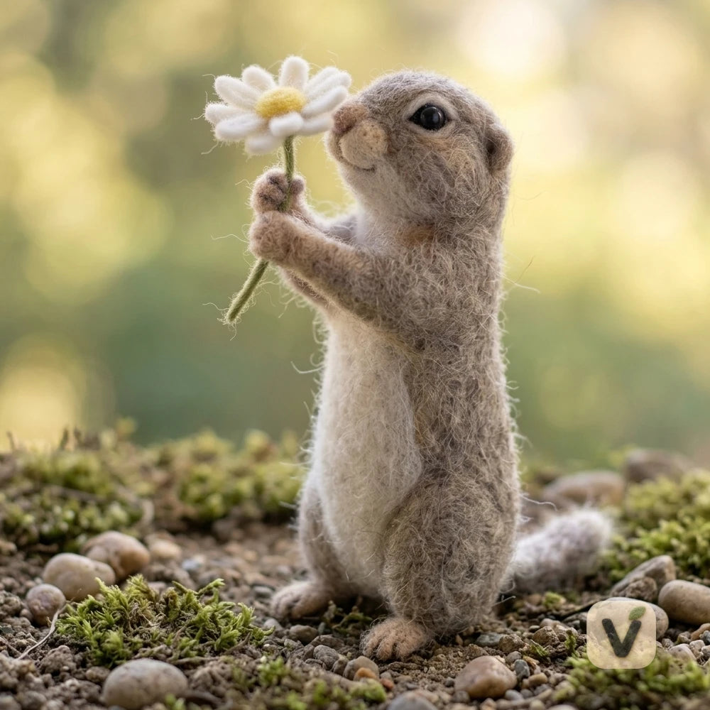 Handmade Wool Felt Standing Squirrel Holding Daisy Flower – Forest Fresh Desktop Ornament