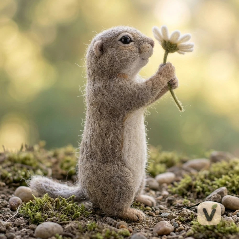 Handmade Wool Felt Standing Squirrel Holding Daisy Flower – Forest Fresh Desktop Ornament