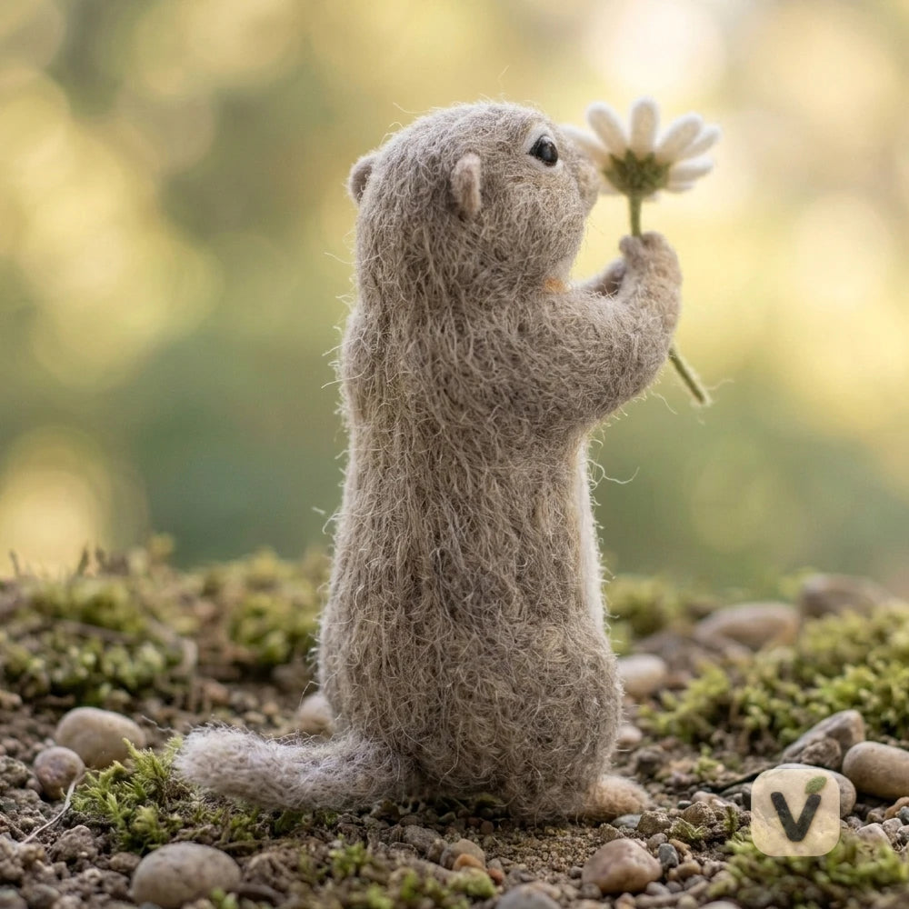 Handmade Wool Felt Standing Squirrel Holding Daisy Flower – Forest Fresh Desktop Ornament