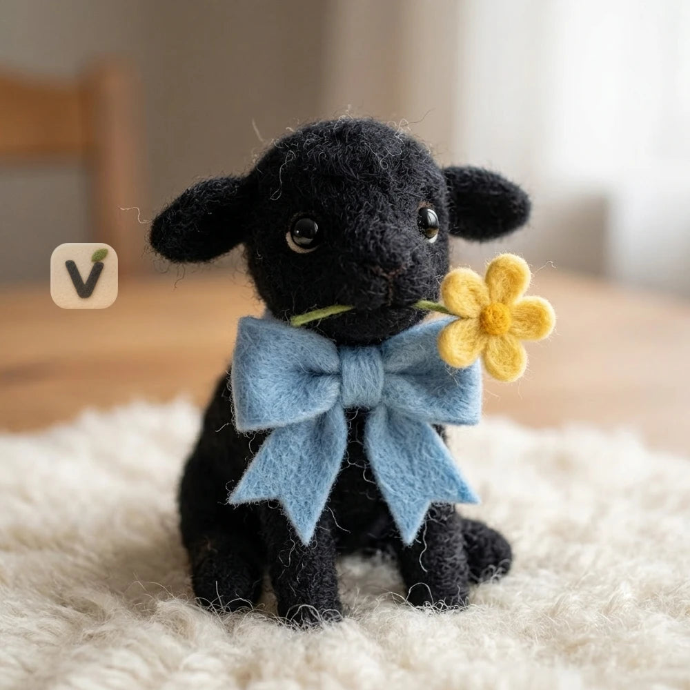 Handmade Wool Felt Sitting Black Lamb with Blue Bow and Yellow Flower – Sweet Pastoral Desktop Ornament