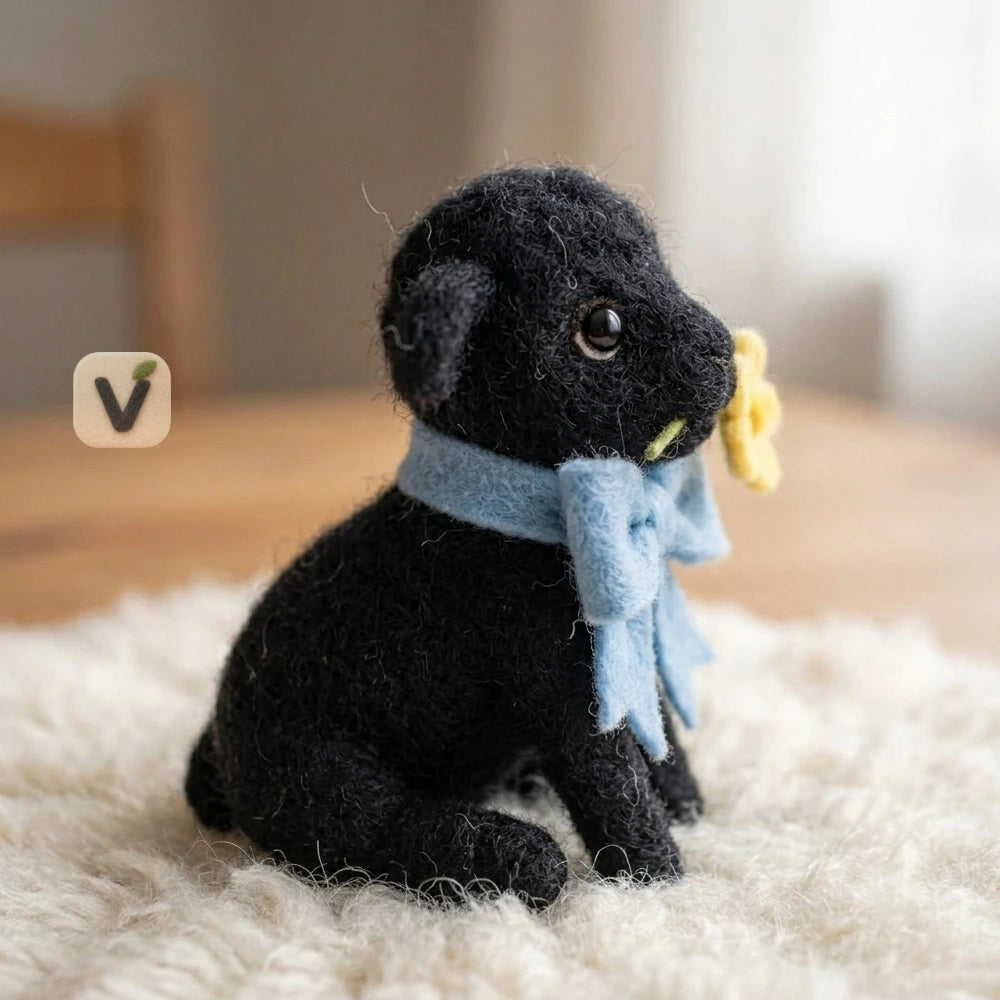 Handmade Wool Felt Sitting Black Lamb with Blue Bow and Yellow Flower – Sweet Pastoral Desktop Ornament