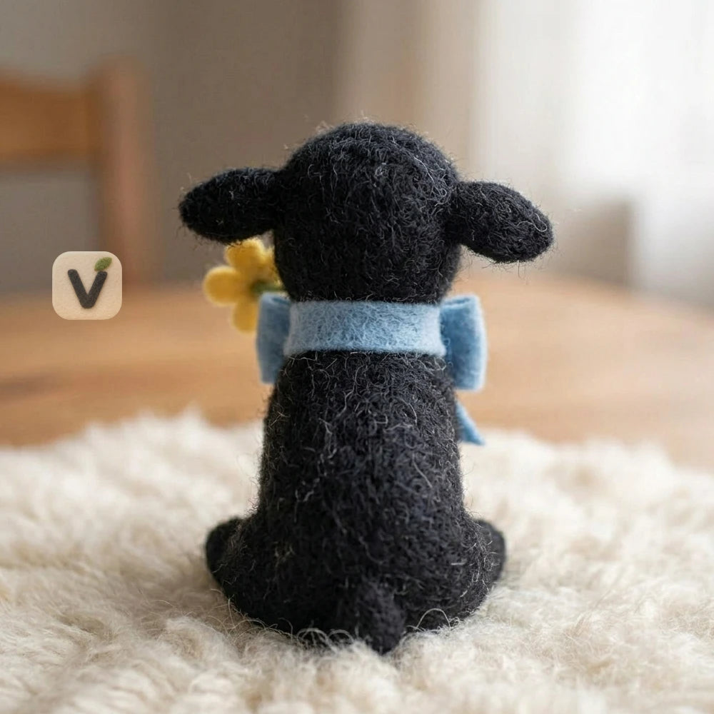 Handmade Wool Felt Sitting Black Lamb with Blue Bow and Yellow Flower – Sweet Pastoral Desktop Ornament