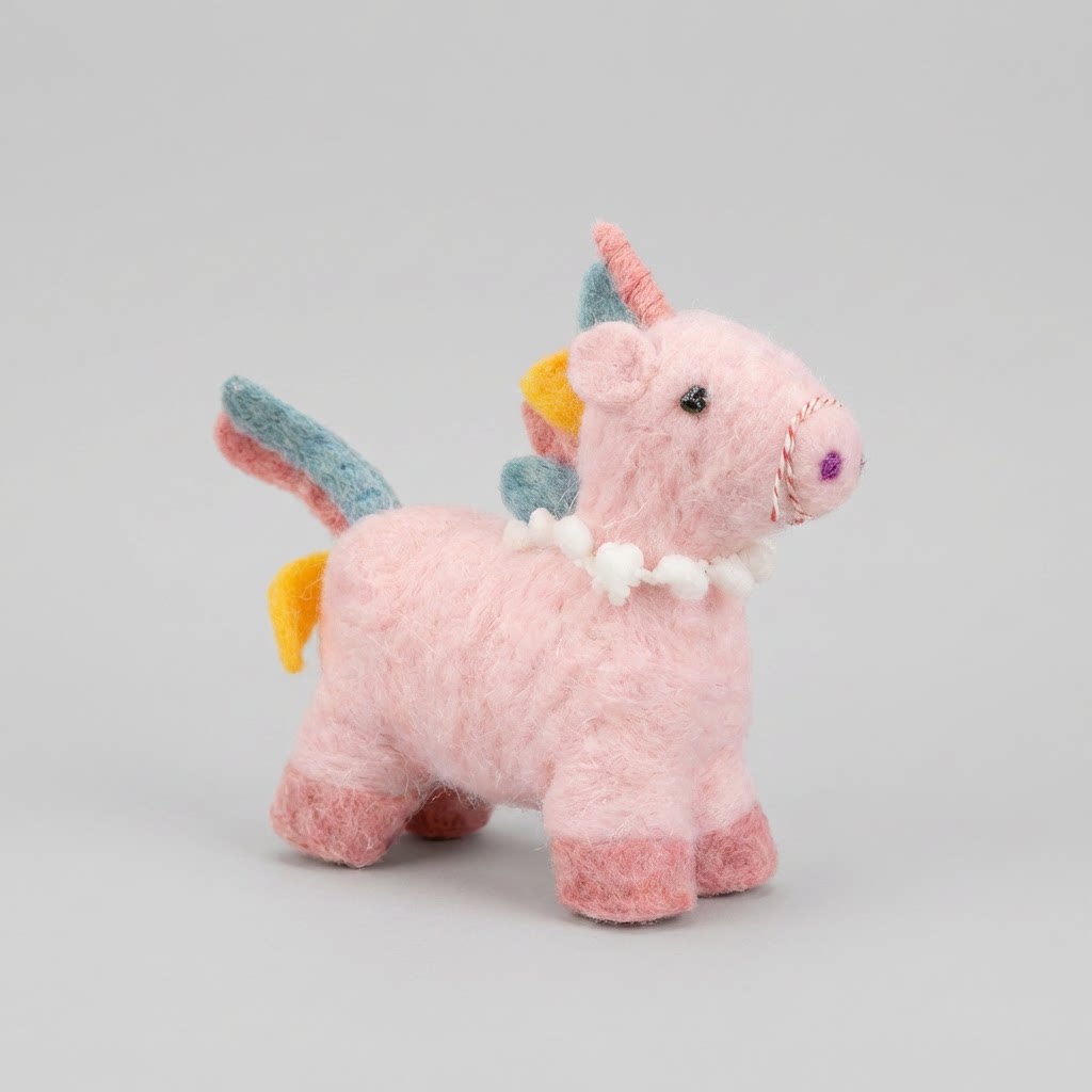 Handcrafted Wool Felt Unicorn Figurine - Cute Pink Mythical Craft Decor
