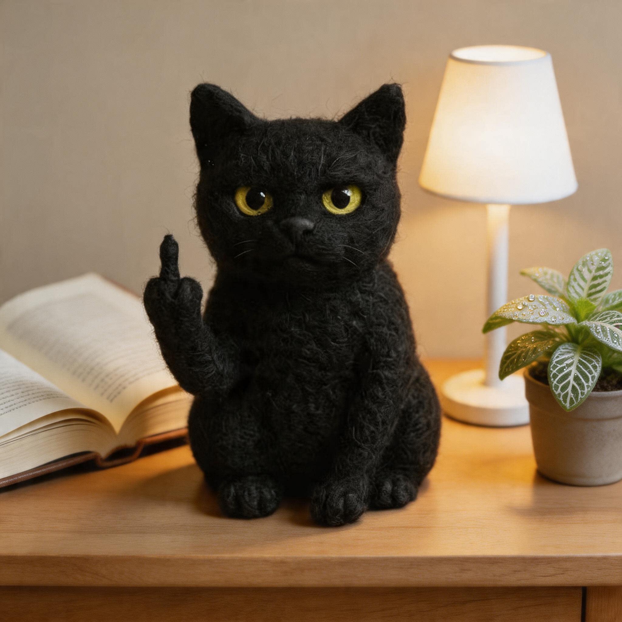 Handcrafted Wool Felt Sassy Black Cat Figurine with Attitude