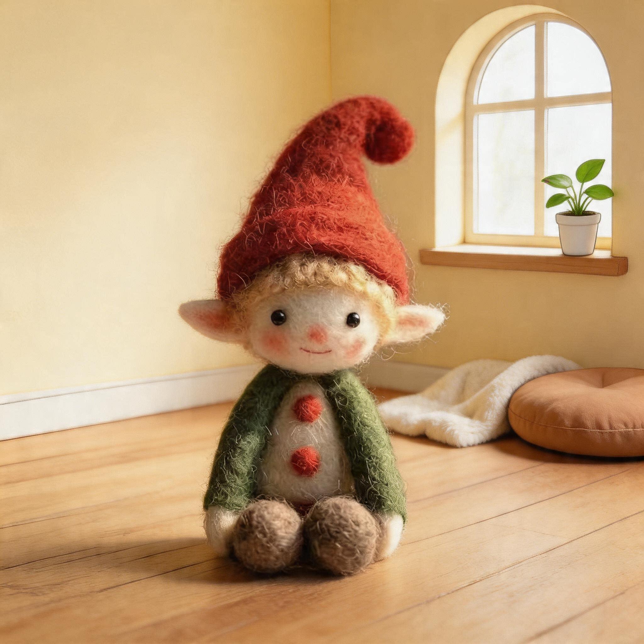 Handcrafted Wool Felt Forest Elf Figurine - Whimsical Little Child Decor
