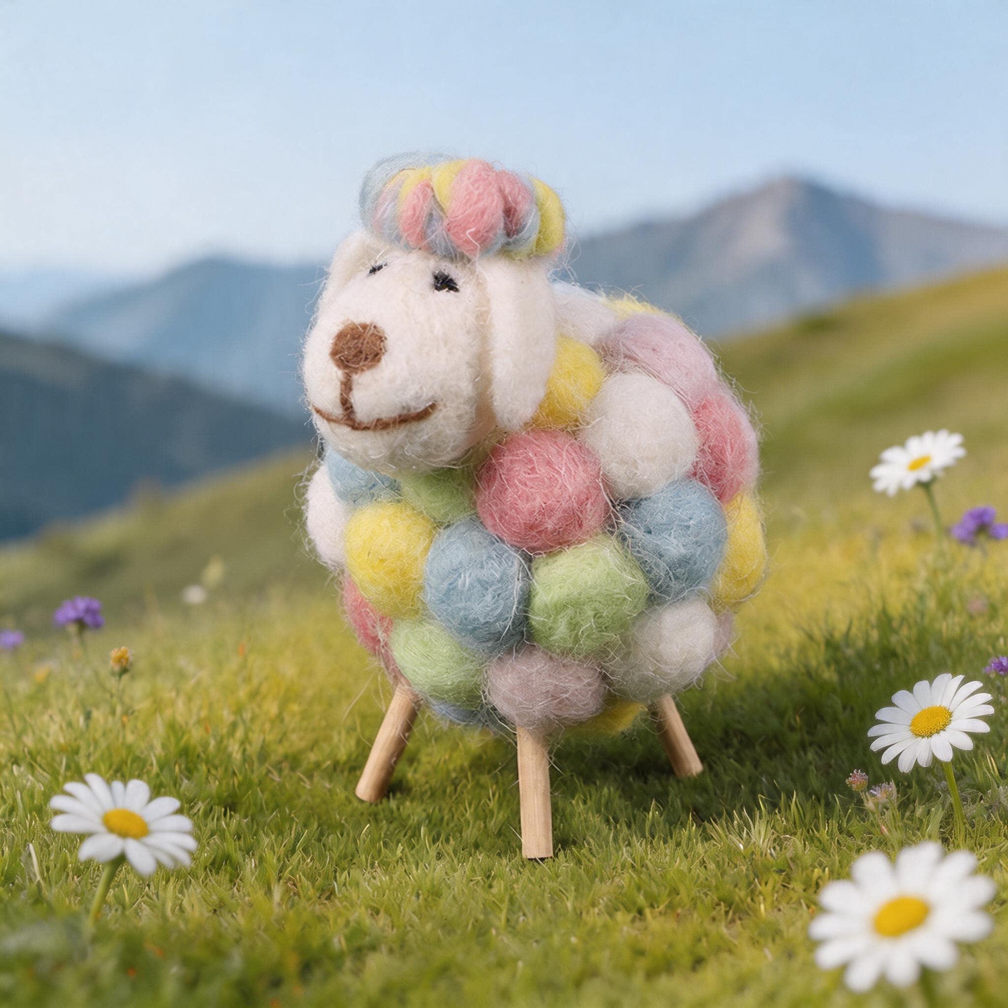 Handmade Colorful Wool Felt Sheep Figurine - Whimsical Pastel Home Decor