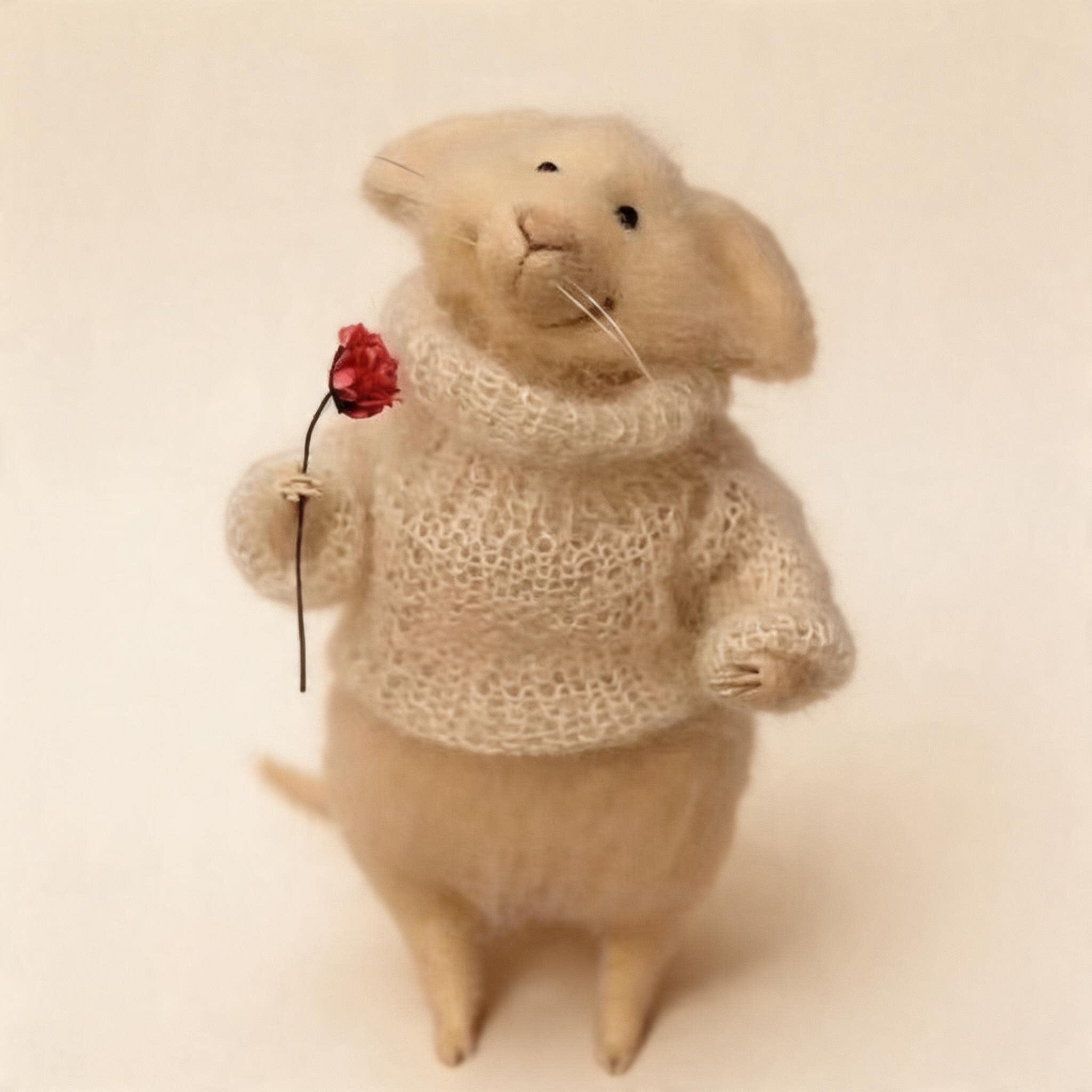 Handcrafted Wool Felt Cute Mouse Figurine in Knit Sweater with Flower