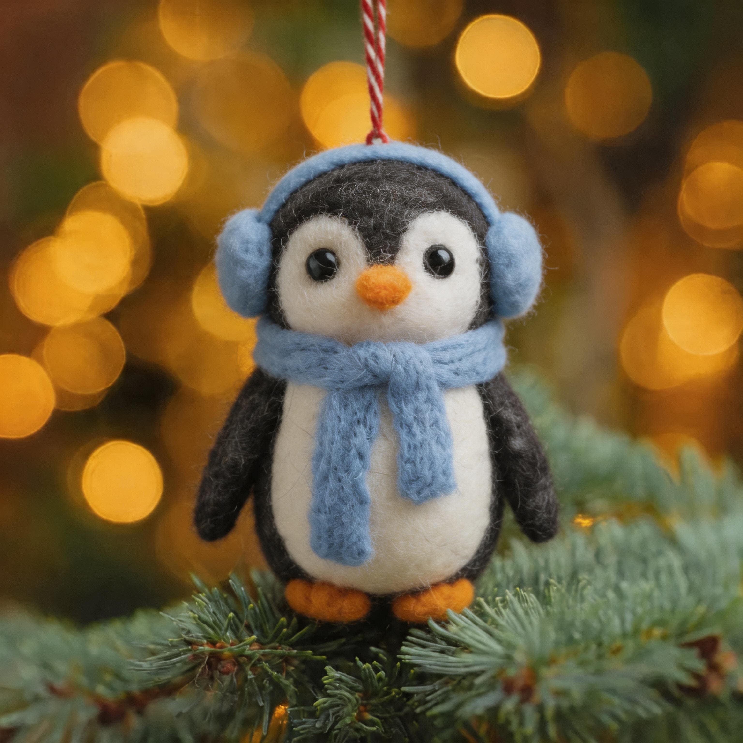 Handmade Wool Felt Penguin Ornament with Scarf & Earmuffs – Cute Christmas & Bag Charm