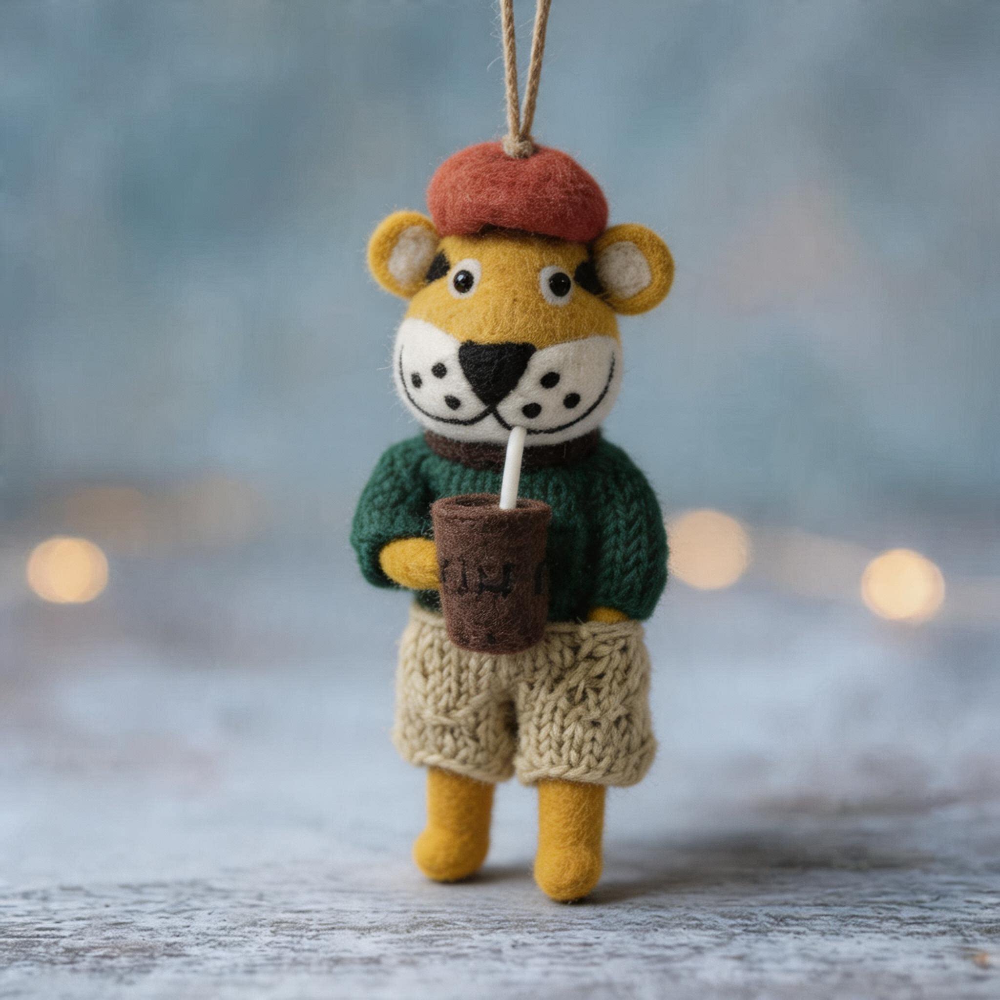 Handcrafted Wool Felt Coffee-Loving Tiger Ornament - Cute Artistic Felt Charm