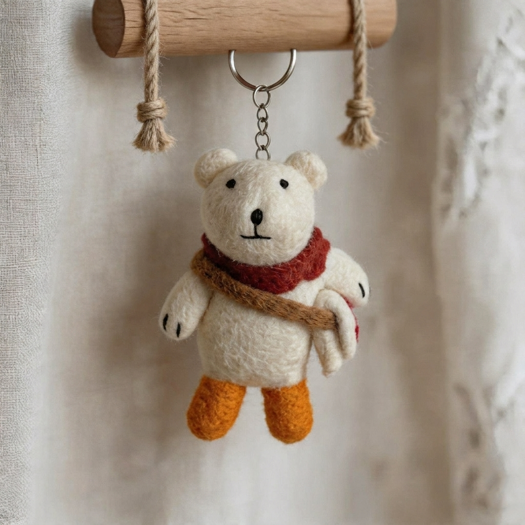 Handmade Wool Felt Polar Bear Keychain - Cute Backpack Bear Charm with Scarf & Bag