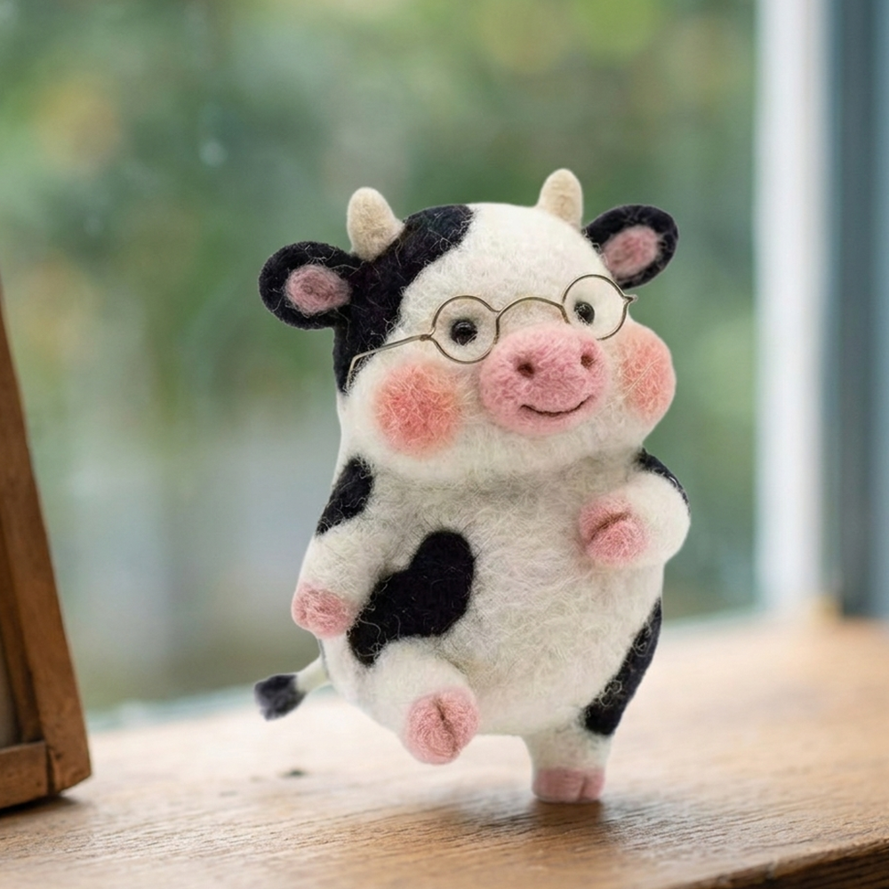 Handmade Wool Felt Cow Figurine with Glasses – Cute Spotted Calf Decor