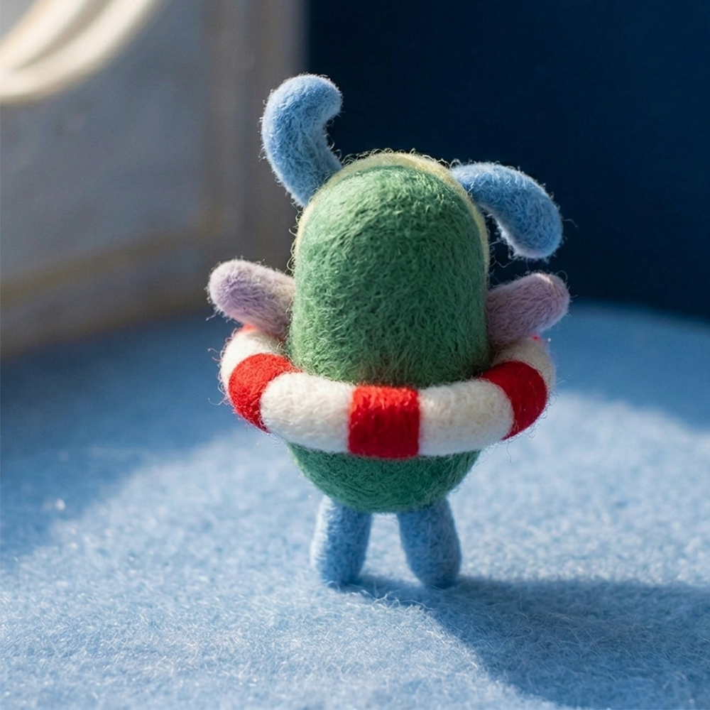 Handmade Wool Felt Avocado Figurine with Swim Ring – Cute Summer Character Decor