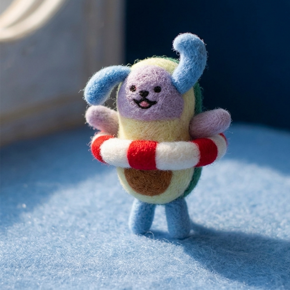 Handmade Wool Felt Avocado Figurine with Swim Ring – Cute Summer Character Decor