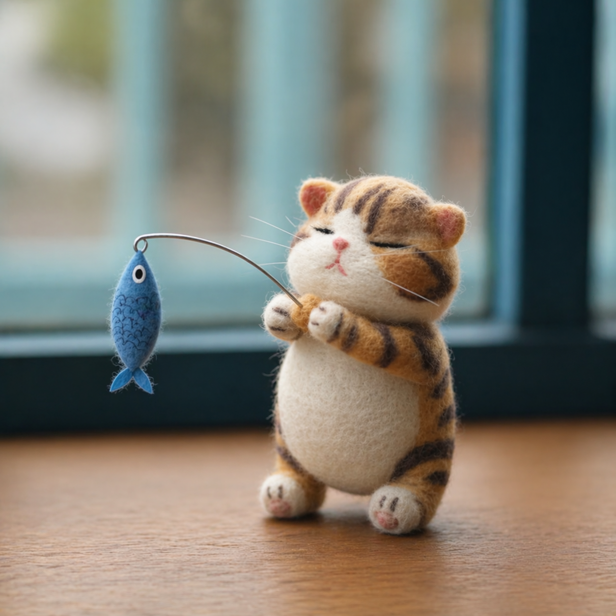 Handmade Wool Felt Fishing Cat Figurine – Cute Tabby Cat with Fish Decor